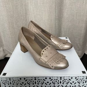 Gold Loafer with Stacked Heel and Tassels